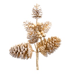 [83977] Branche décorative: Pommes de pins dorées